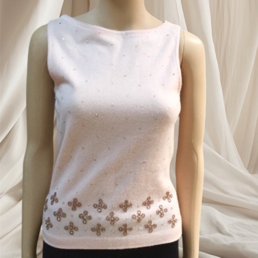 ANN TAYLOR BEADED WOOL CASHMERE SLEEVELESS PULLOVER SWEATER PINK L Petit…